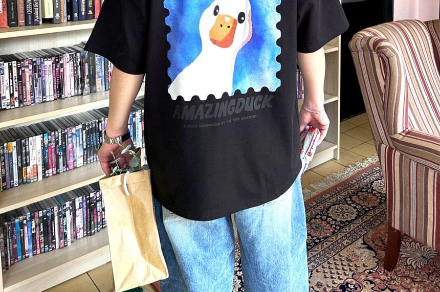 SeoulPop - T-shirt met korte mouwen en eendenprint en losse pasvorm