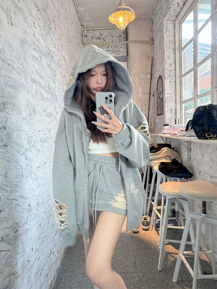 Trendycas - Effen distressed hoodie met rits / mini-kokerrok met trekkoord in de taille