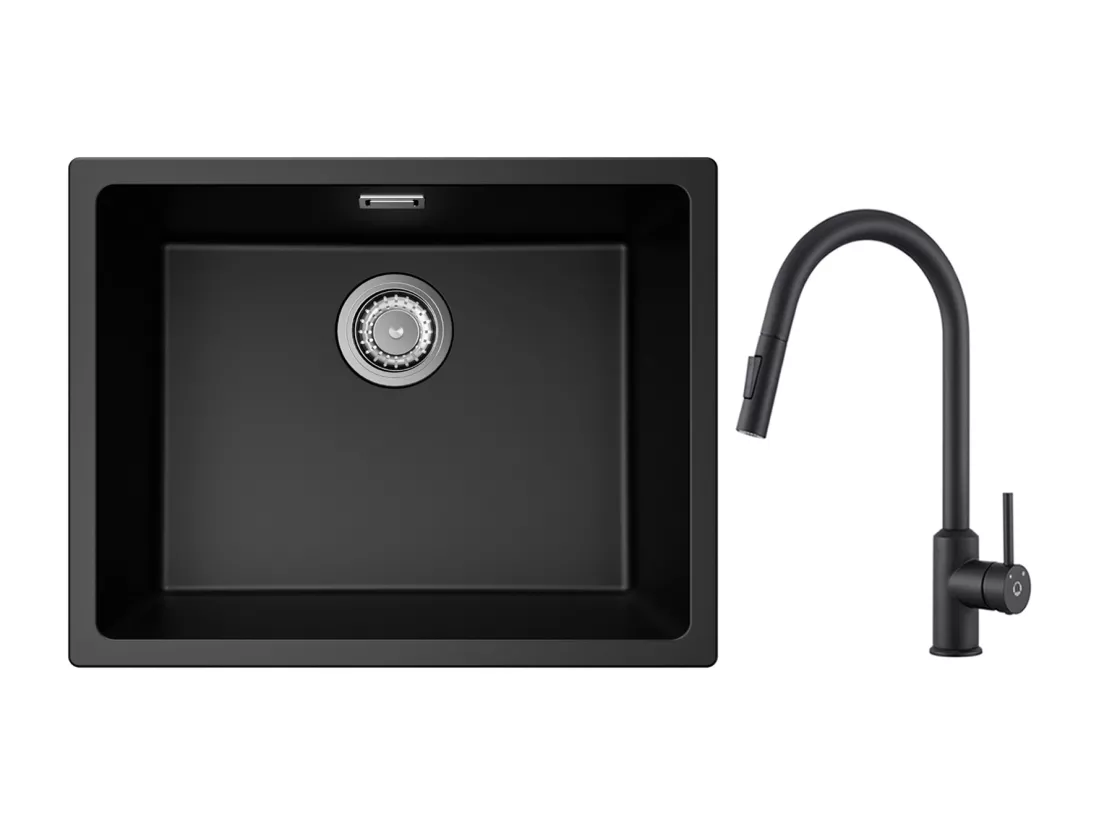 CECIPA MAX Evier 1 Bac en Quartz et Résine Noir Gris 55*44*20cm + Mitigeur de Cuisine avec Douchette Extractible Noir