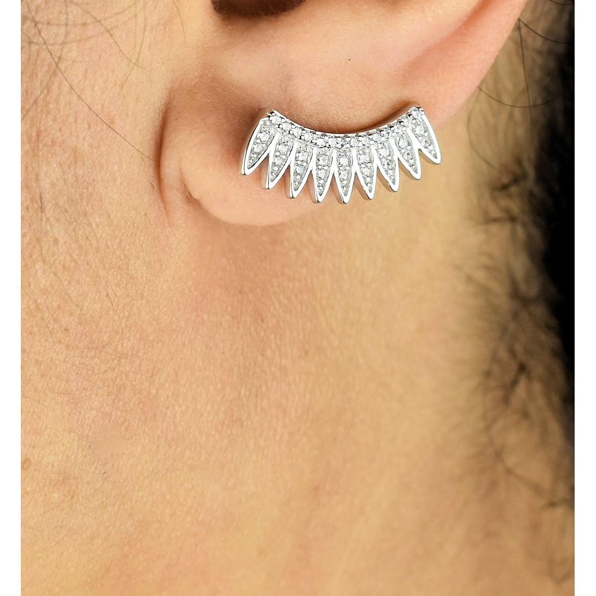 Boucles d'oreilles grimpantes contour de lobe couronne de plumes d'oxydes de zirconium Argent 925 Rhodié
