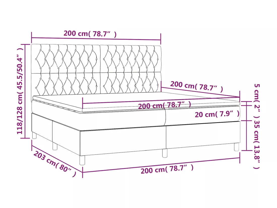 Sommier tapissier matelas et LED Marron foncé 200x200 cm Tissu