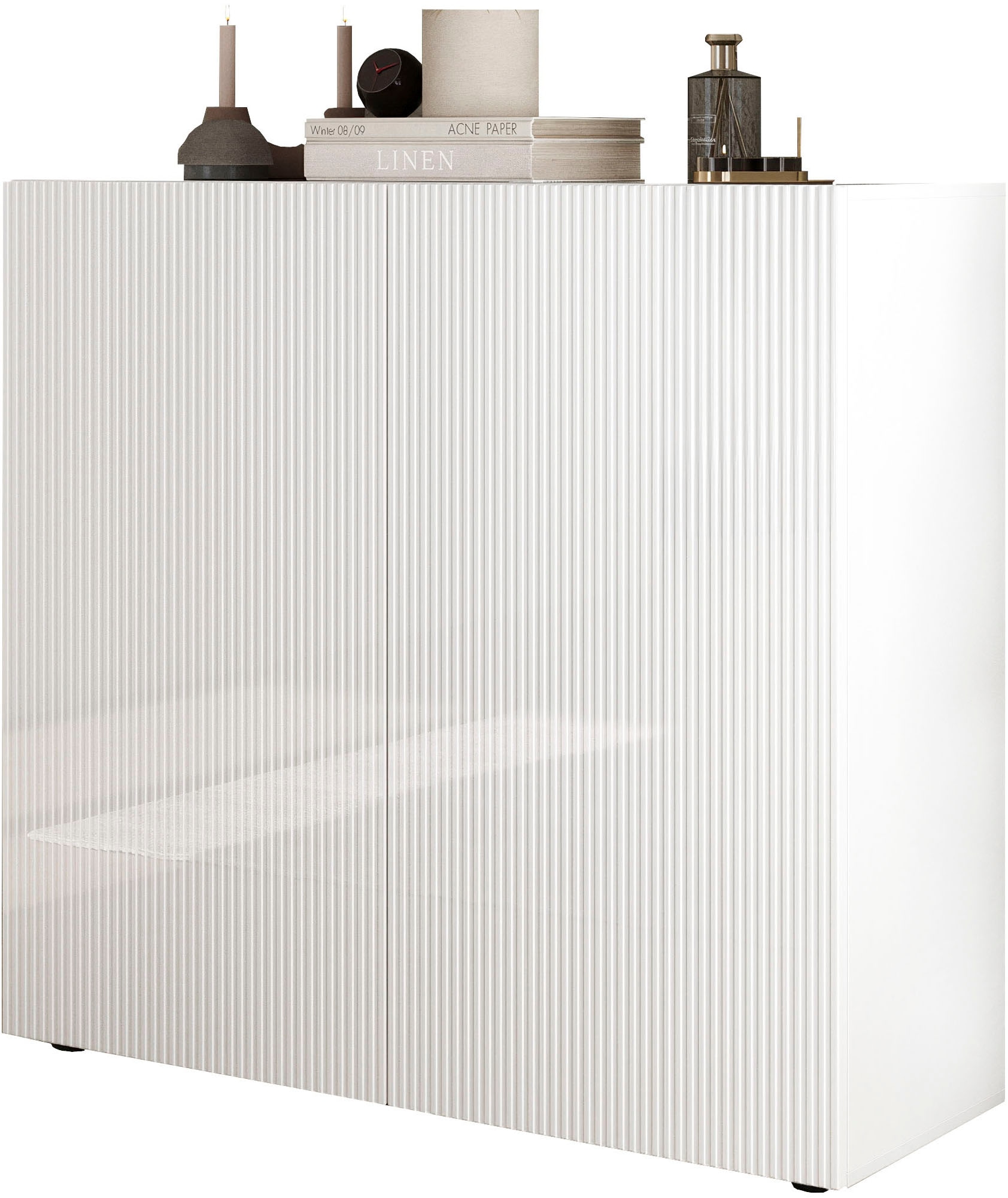 INOSIGN Highboard »Rio, Höhe 111 cm, Breite 120 cm, Stauraumschrank, Kommode, 2 Türen,« geriffelte MDF-Fronten, modern u. elegant, viel Stauraum