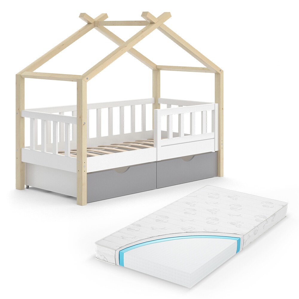 VitaliSpa Kinderbett Hausbett Einzelbett Design Weiß Grau Natur modern 70x140 cm Kinderzimmer Bett Massivholz Lattenrost Schublade Rausfallschutz Schubladenbett Matratze
