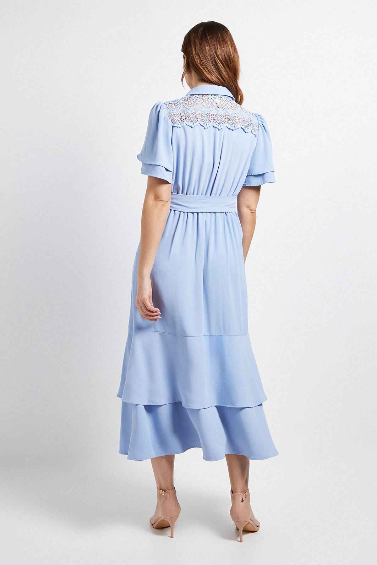 Wallis Robe Midi À Manches Volantées Avec Empiècement En Dentelle