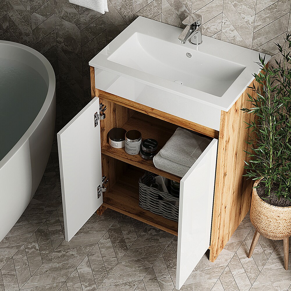 Vicco Waschbecken mit Unterschrank Lemgo Eiche Weiß 60 cm