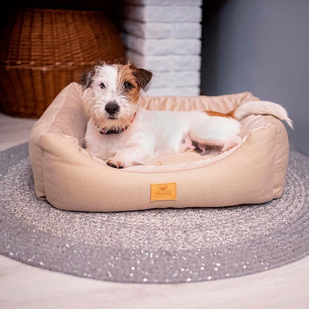 Lit chiens et chats couchage chester 60, avec coussin double-face, tweed et velours, lavable, marron