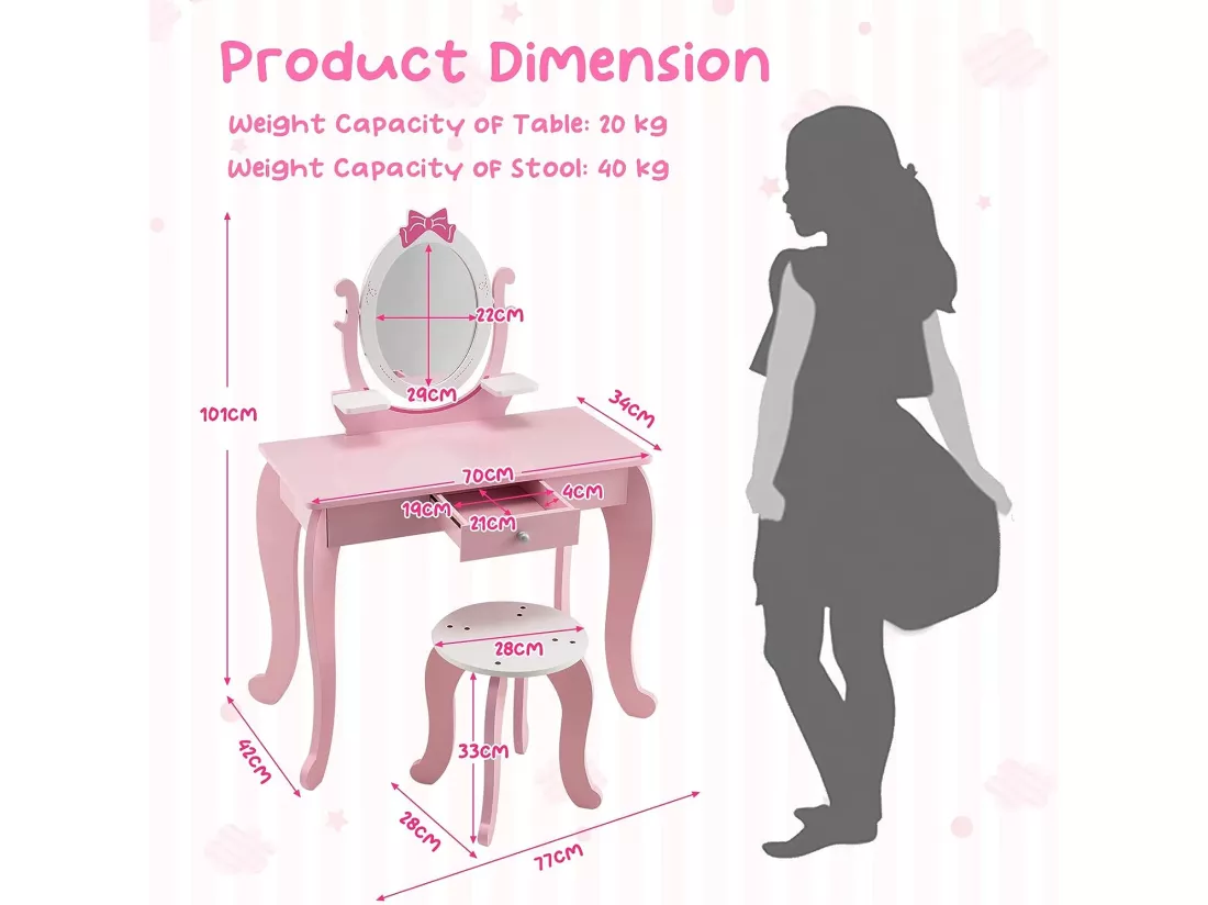 Coiffeuse pour Enfant avec Tabouret, Table Maquillage en Bois avec Miroir Rotatif Ovale, Tiroir et 2 Étagères, Rose