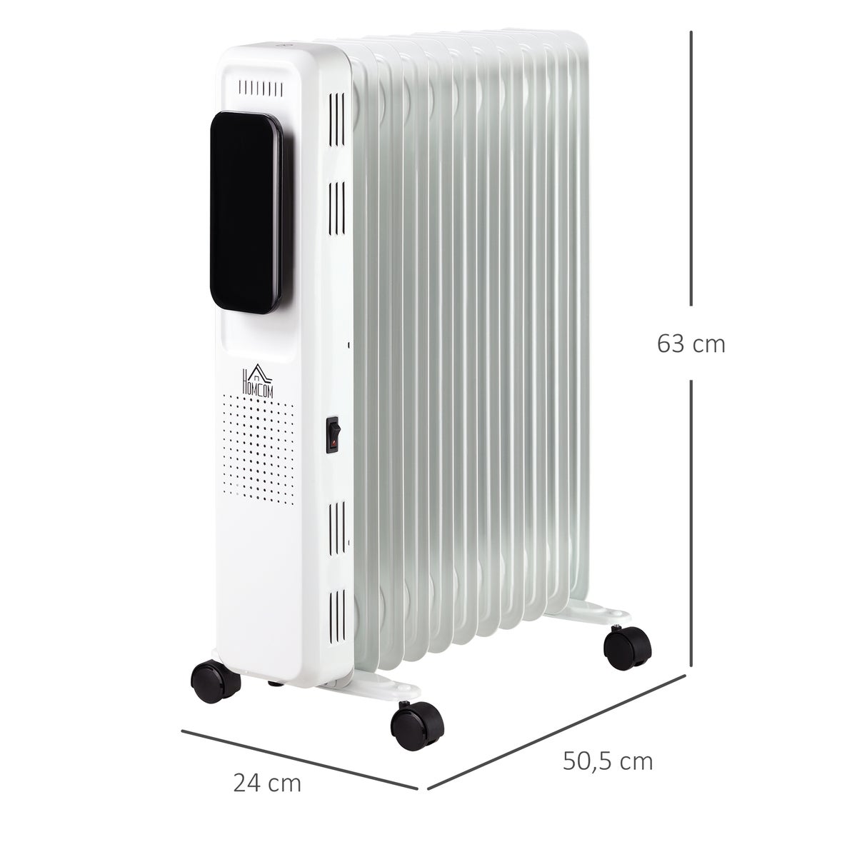 HOMCOM Draagbare elektrische olieradiator, 2500W, 3 warmtestanden, 24-uurs timer, 11 verwarmingspanelen met 4 wielen, wit staal, 50,5 x 24 x 63 cm