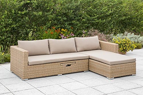 Loungesofa Veneto, Stahl + Polyrattan Natur, mit Liege und Auflagenbox