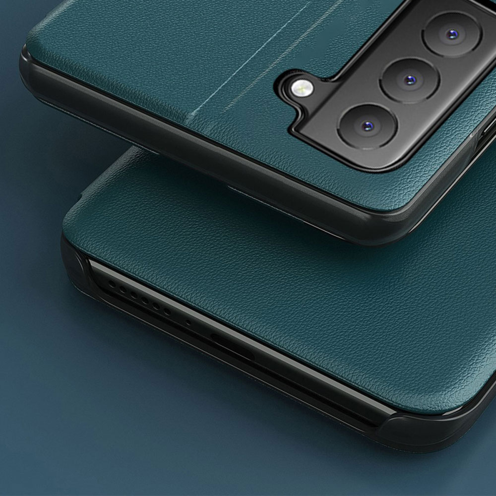 Samsung Galaxy S21 FE 5G Leder Hülle Small Window View Flip Case - Grün / Blau