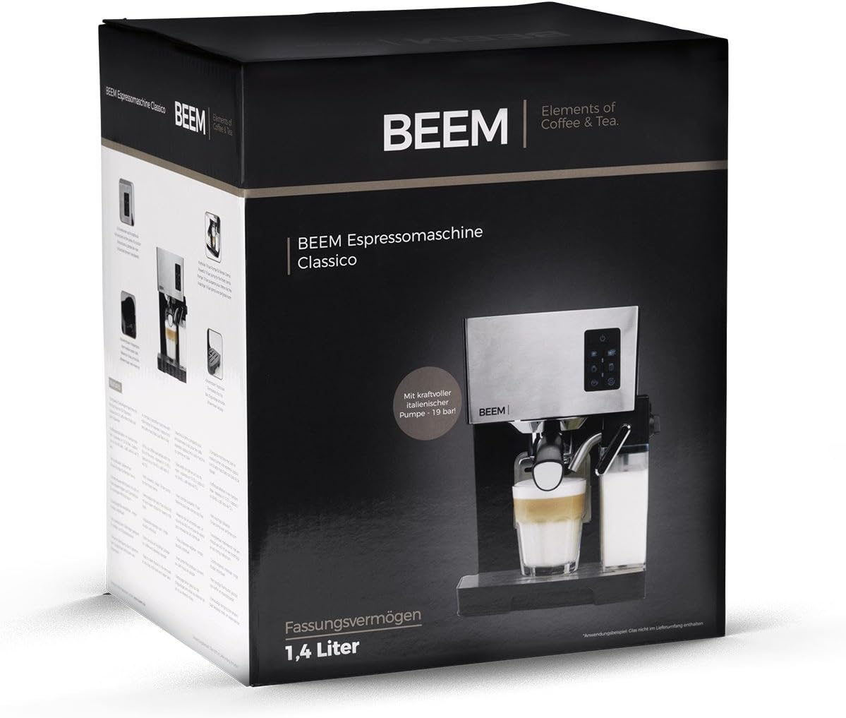 BEEM CLASSICO Espresso-Siebträgermaschine - 19 bar | Silber | Integrierter Milchtank und Dampfdüse | Abnehmbarer Wassertank | 1.450 W