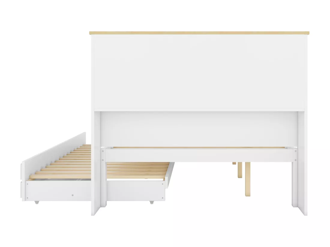 Lit gigogne 140x200cm+90x190cm, avec 3 tiroirs, avec sommier à lattes et tête de lit avec plusieurs rangements, blanc