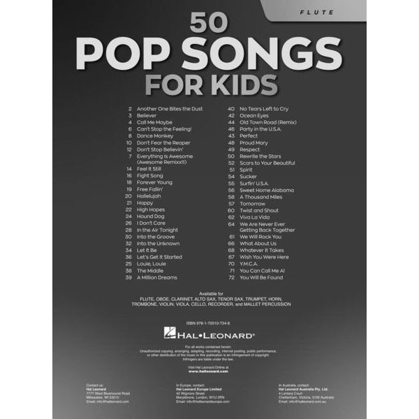 Hal Leonard 50 Popsongs for Kids Flute