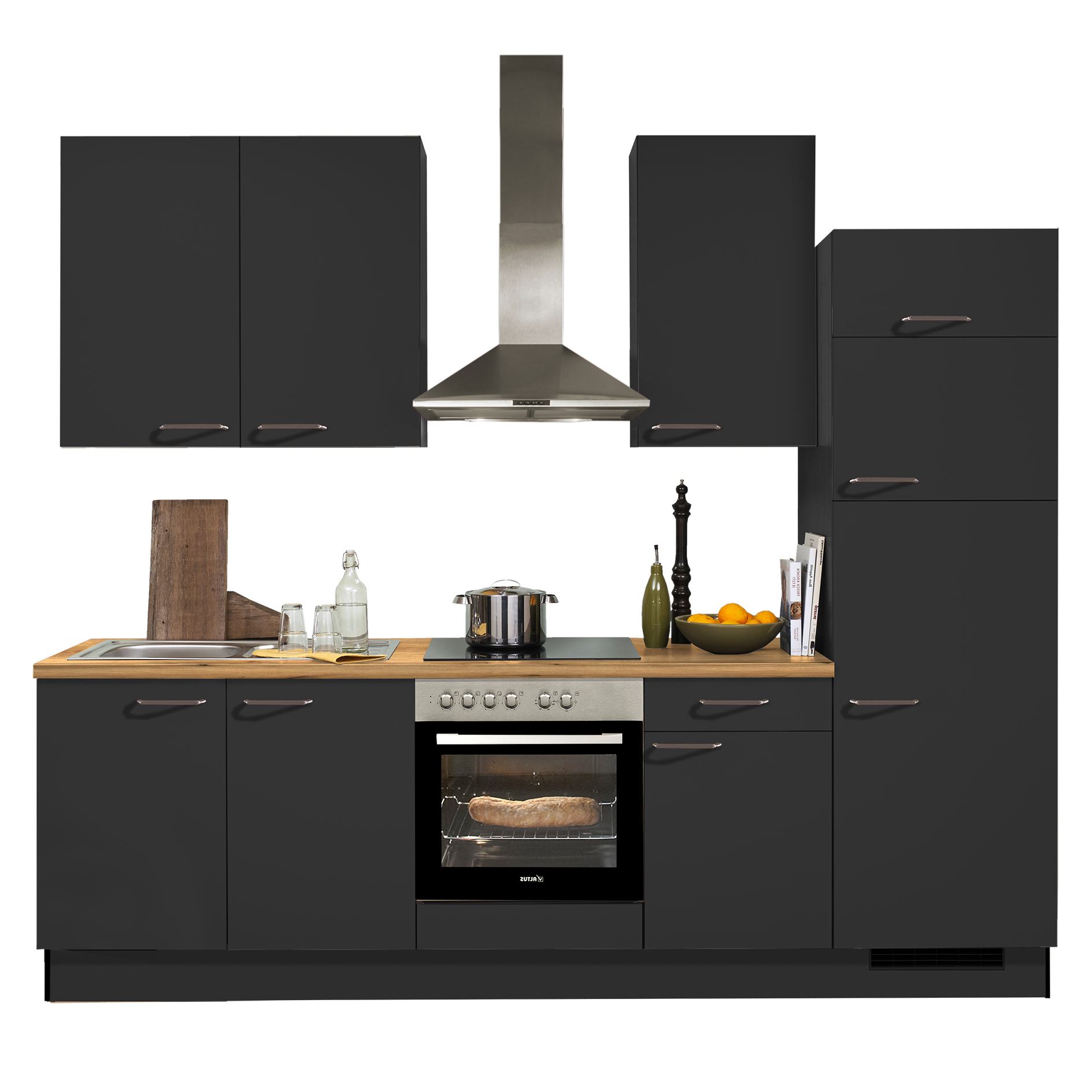 pino Küchenblock PN 80 - grafit - mit E-Geräten - Kühlschrank rechts - 270 cm