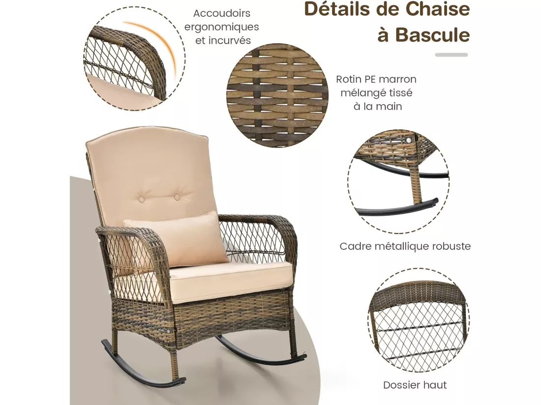Salon de Jardin Extérieur 2 Places, 2 Chaises à Bascule en Rotin et fibre naturelle PE et Table d'Appoint en Verre Trempé, Coussins Inclus, Ensemble Table et Chaises de Jardin pour Balcon, Terrasse, Patio