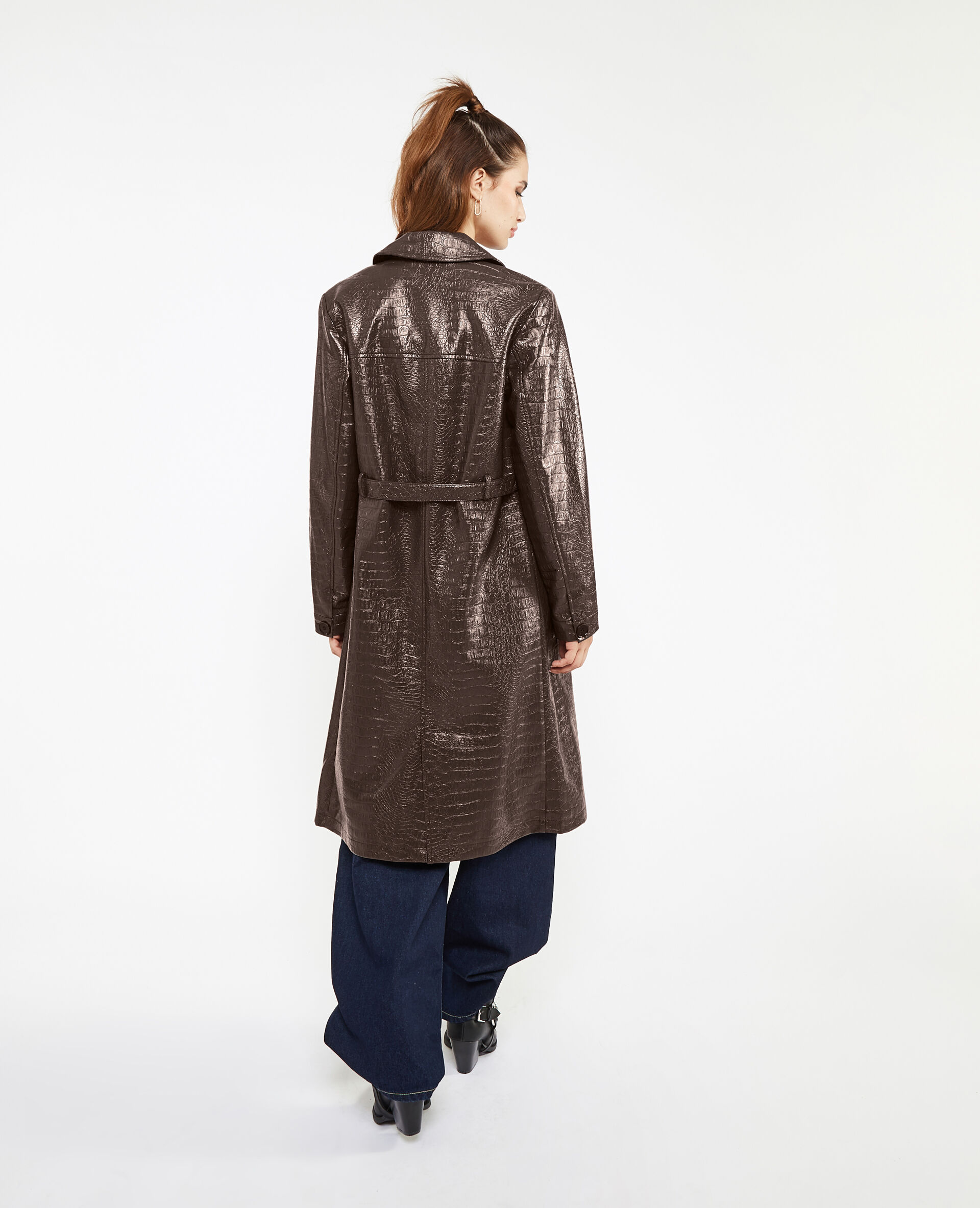 Manteau ceinturé effet croco - Marron