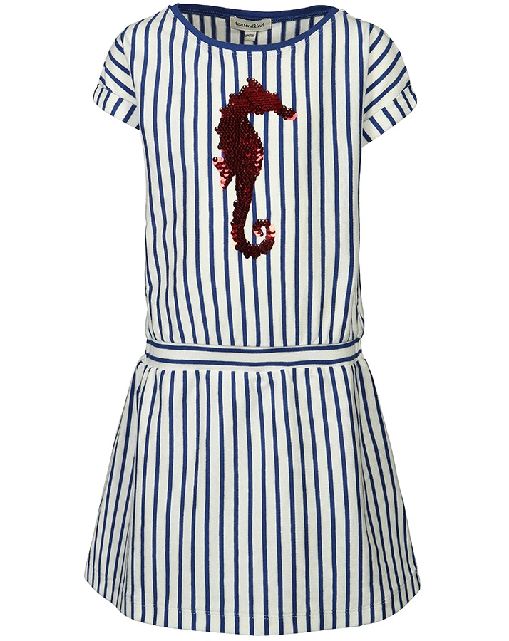 Kurzarm-Kleid IN THE DEEP gestreift mit Wendepailletten in royalblau/weiß