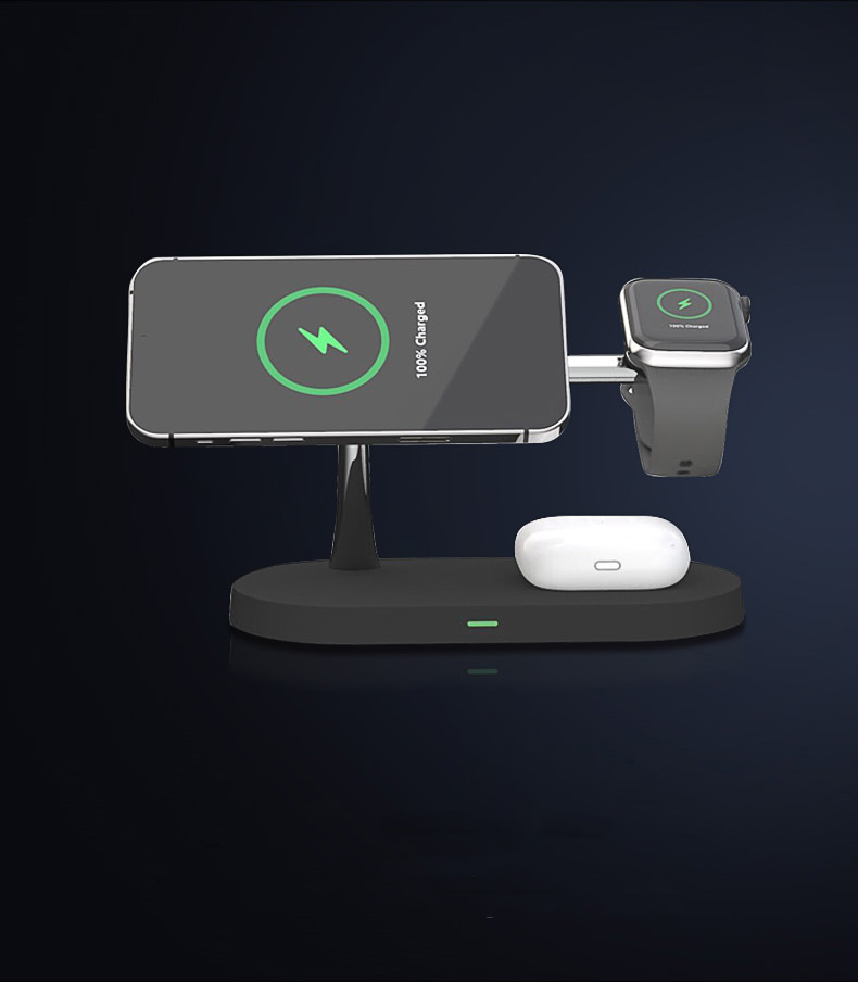 (15W) 5in1 Magnetischer Qi Wireless Charger für Apple Watch / Smartphone / AirPods Dockingstation mit LED Nachtlicht - Schwarz