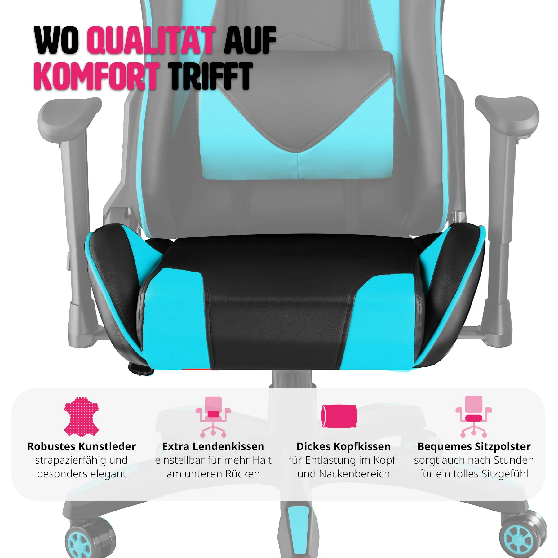 tectake® Racing Gaming Stuhl, ergonomische Form, mit verstellbarer Rückenlehne, Kunstlederbezug, abnehmbares Nacken- und Lendenkissen, Belastbarkeit 120 kg