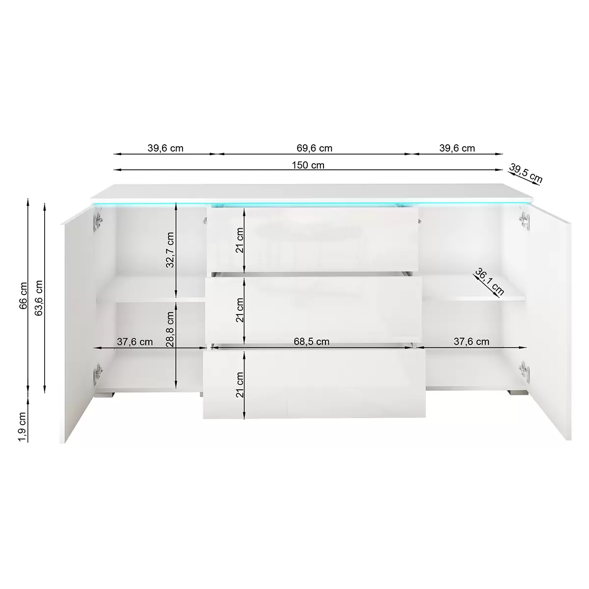 Sideboard Vera 150 Eiche,weiss