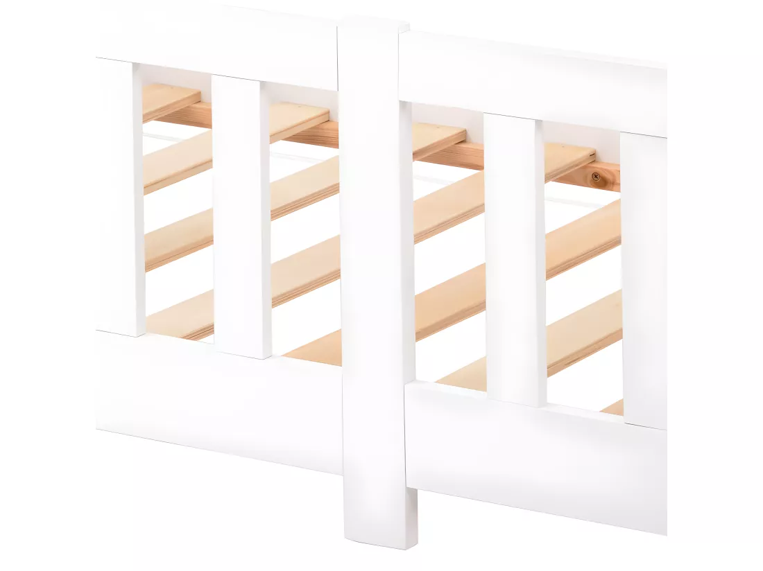 Lit cabane lit enfant 90x200cm en bois massif avec protection antichute et sommier à lattes - Blanc