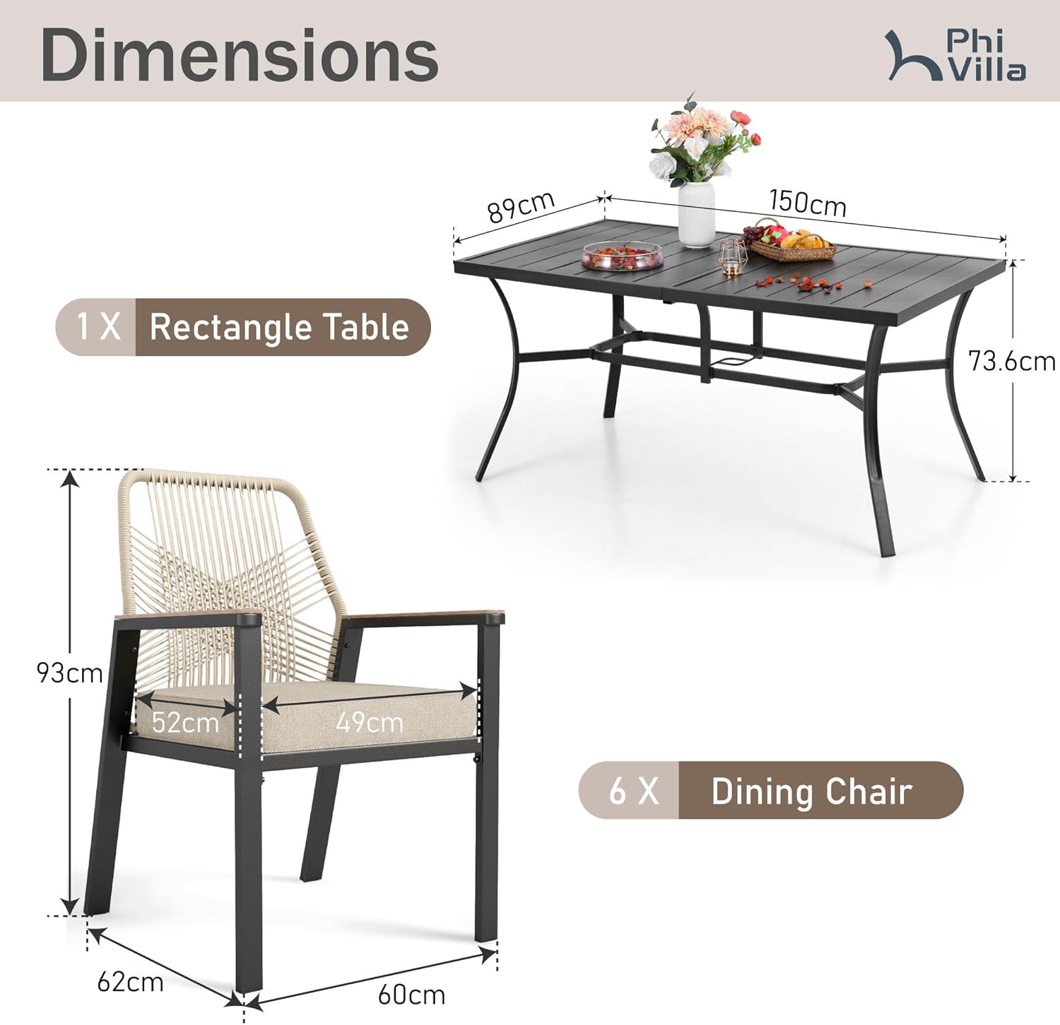 PHI VILLA Gartenmöbel Set Outdoor Balkon Esstisch mit 6 Rattan Stühlen und 1 Rechteckig Metall Gartentisch, 7-teiliges Gartenset Tisch und Stühle für 6, Patio Dining Table Set für Hinterhof Veranda