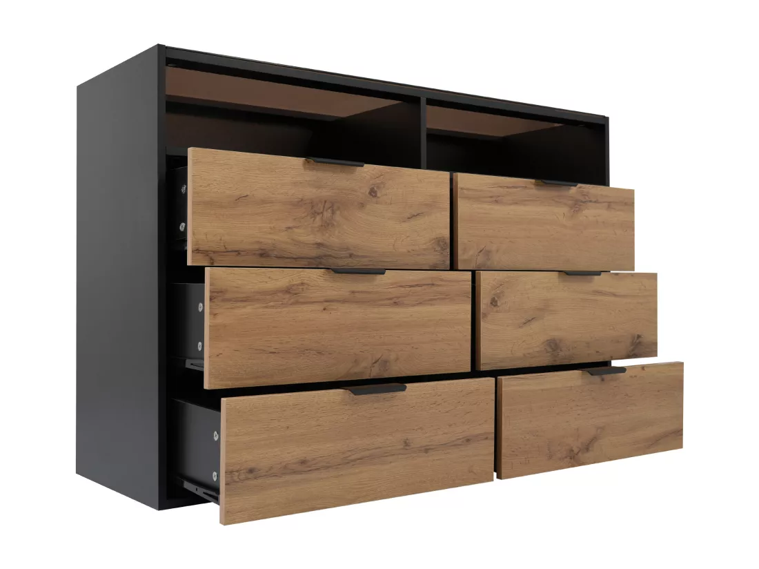 Commode avec 6 tiroirs et 2 compartiments - plateau en verre - Marron