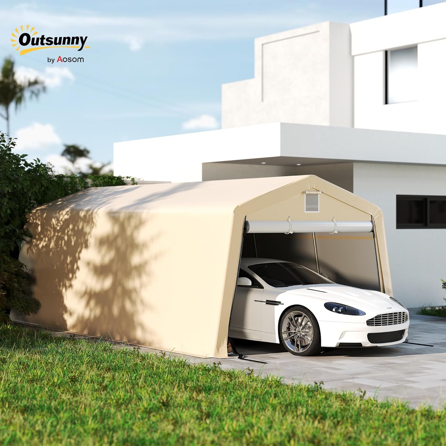 Outsunny Zelt Garage Carport ABM. 6,2L x 3,3l x 2,4H m robuster verzinkter Stahl PE mit hoher Dichte 150 g/m² wasserdicht UV-beständig, 1 khakifarbene Tür und 2 Belüftungsöffnungen