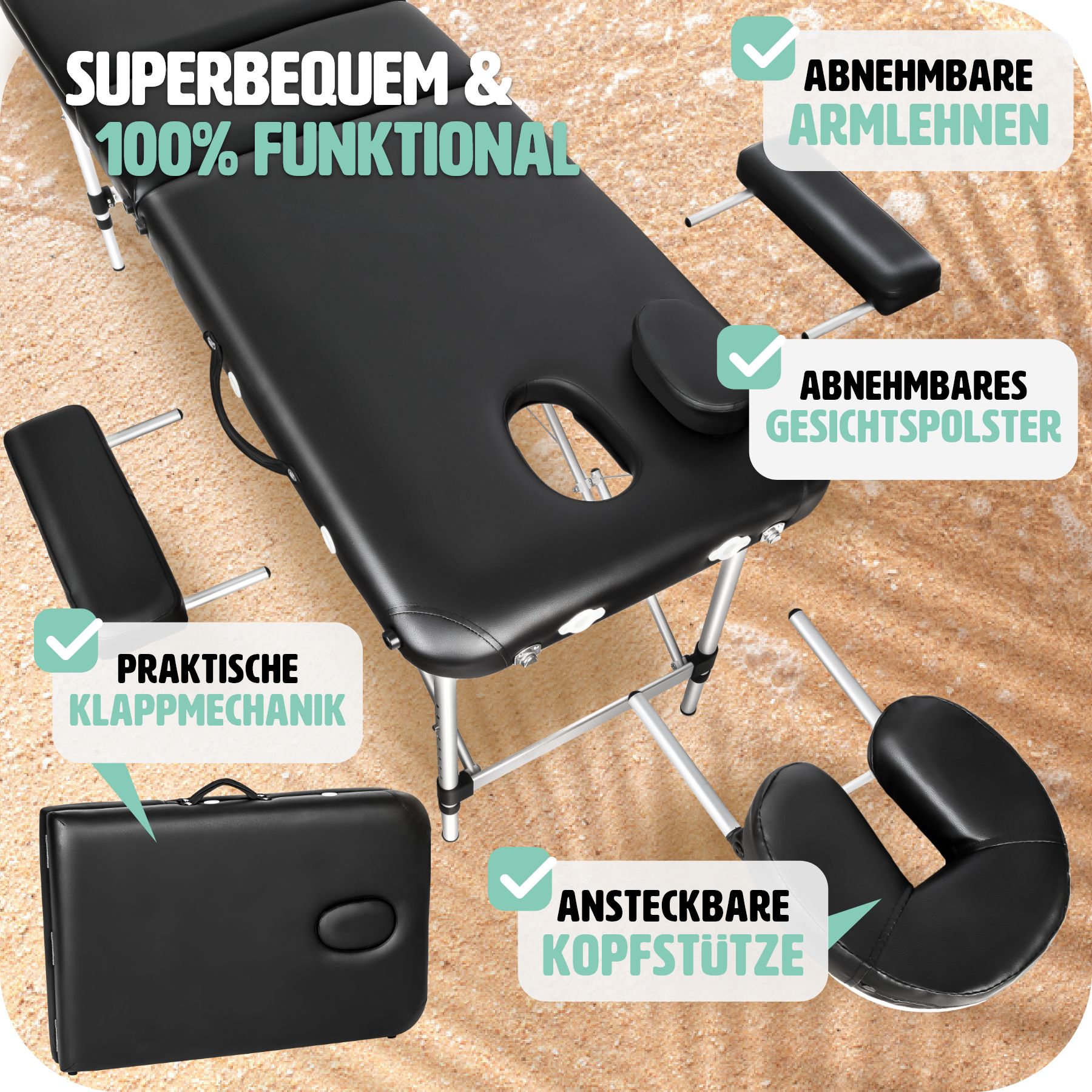 tectake® 2 Zonen Massageliege, mit Aluminiumgestell, verstellbare Ablagen für Kopf und Arme, 210 x 95 x 63 - 89 cm