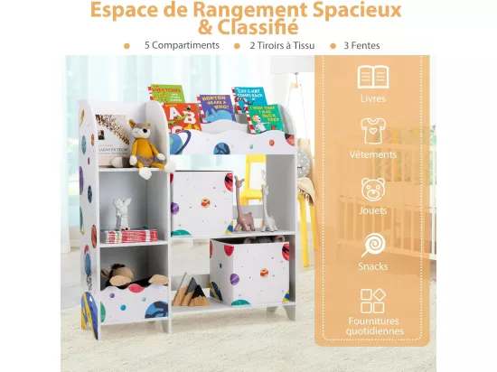 Meuble de rangement jouet enfants avec motif astronaute & 5 compartiments, 93x30x102cm