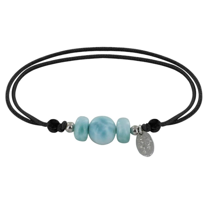 Bracelet Lien Une Perle et Deux Anneaux de Larimar - Noir