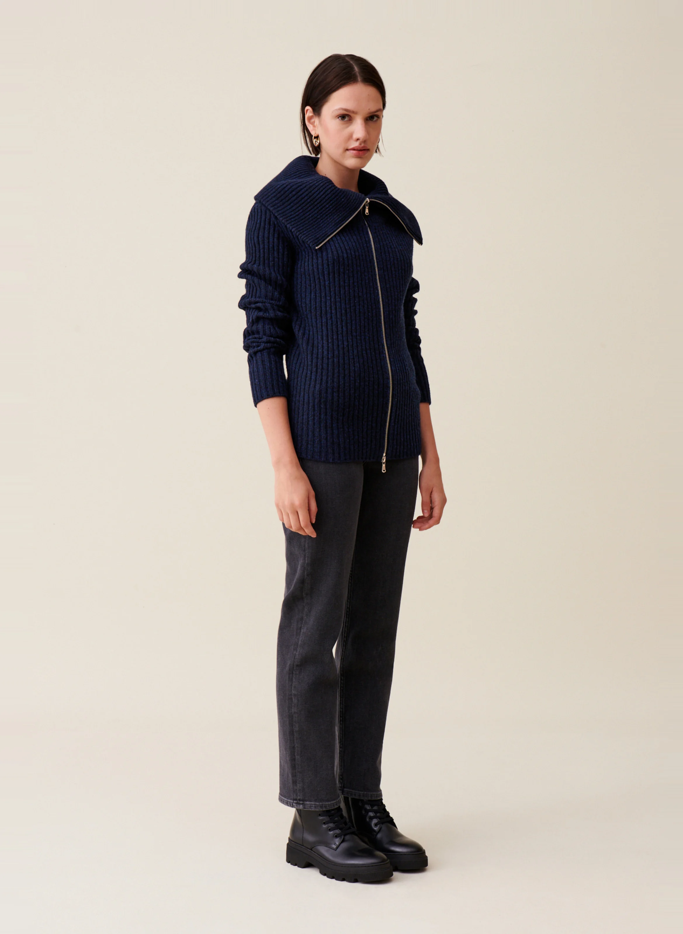 Gilet col camionneur en laine mélangée | Bleu