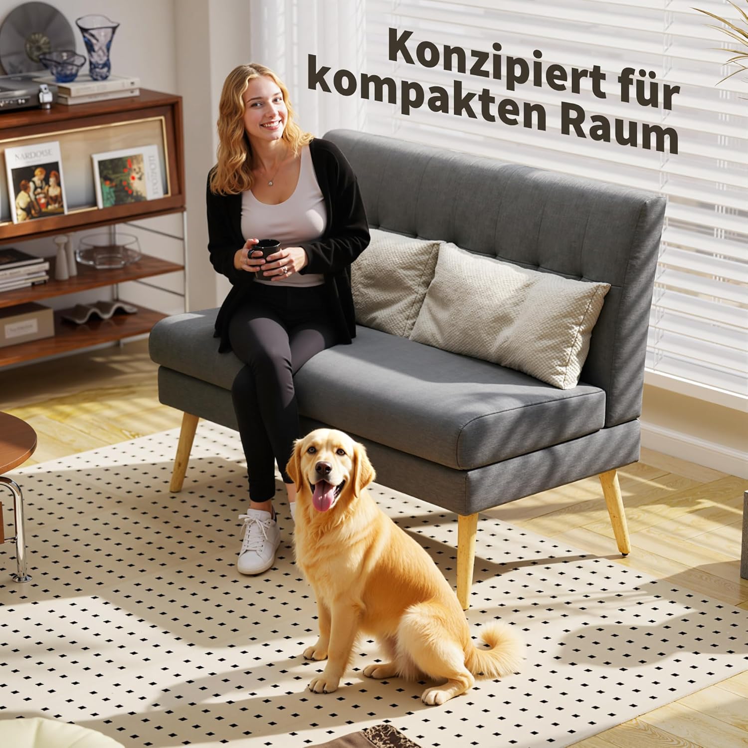 HOMCOM Sofa 2 Sitzer Couch mit Leinenoptik, Getuftete Rückenlehne Kleine Polstersofa Modern 118 cm Gepolstert Doppelsofa mit Holzbeine für Wohnzimmer, Kleine Räume, Dunkelgrau