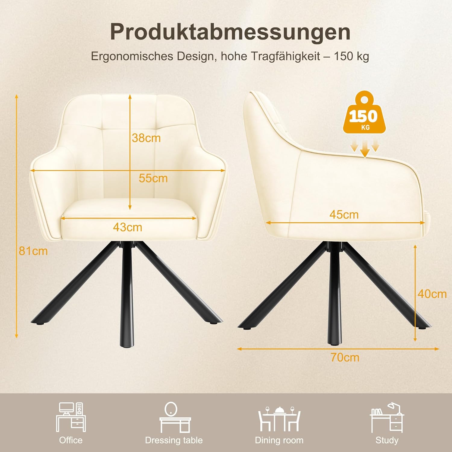 YOUDENOVA Esszimmerstühle 2er Set, 360° Drehbar mit Armlehnen, Samt Polsterstuhl für Esszimmer, Küche, Wohnzimmer & Büro, Stühle Esszimmer Weiß