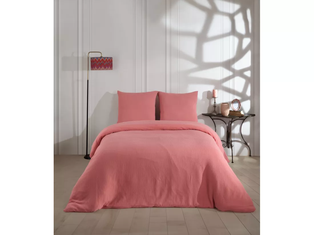 Parure housse de couette et taies d'oreiller gaze de coton pêche