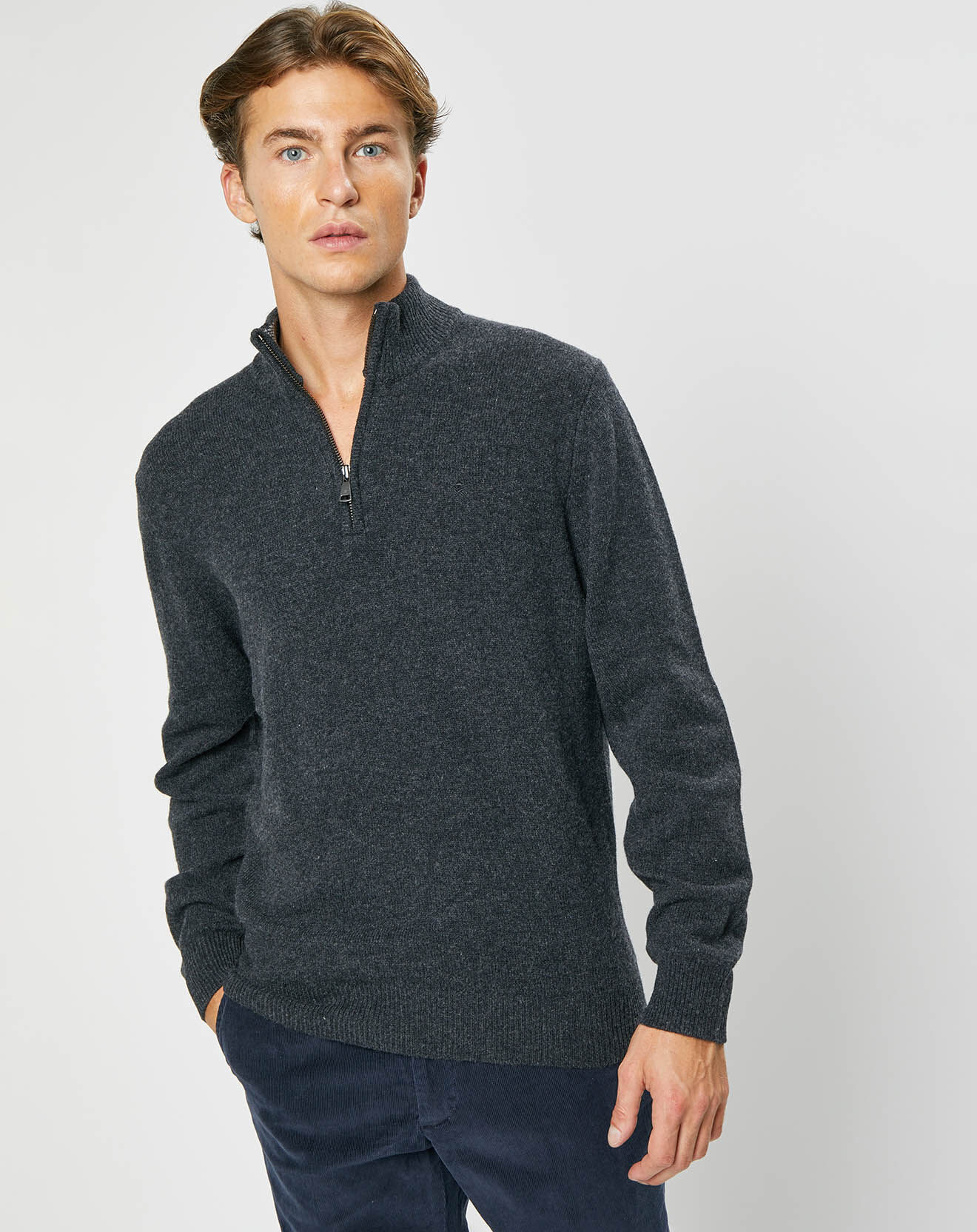 Hackett London Pull 100% Laine d'agneau zippé gris foncé