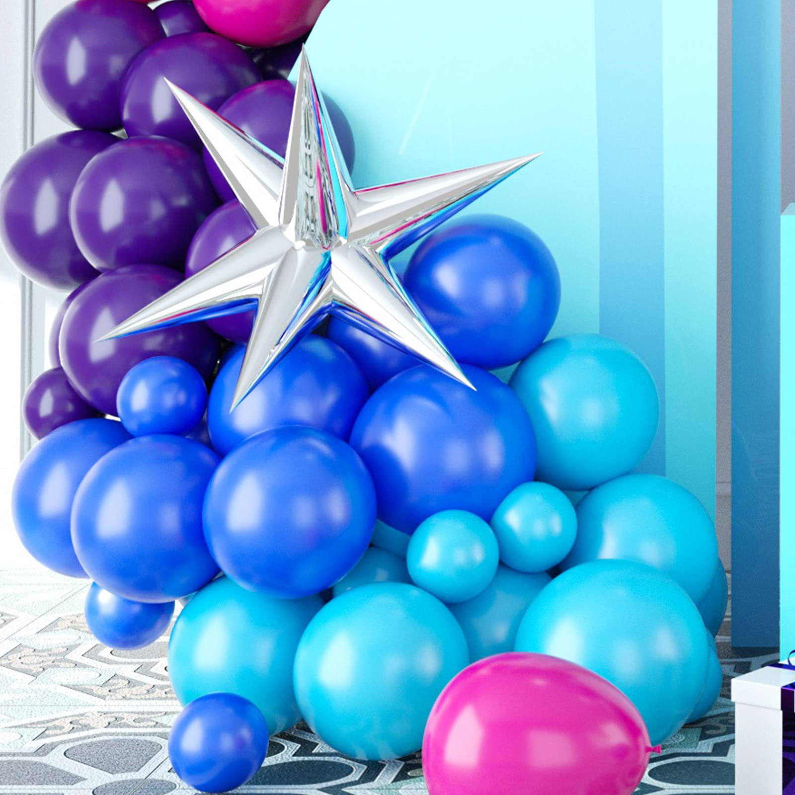 (91-tlg. Set) Latex- und Folien Ballon Party Deko Stern Luftballon - Pink / Blau /  Violett