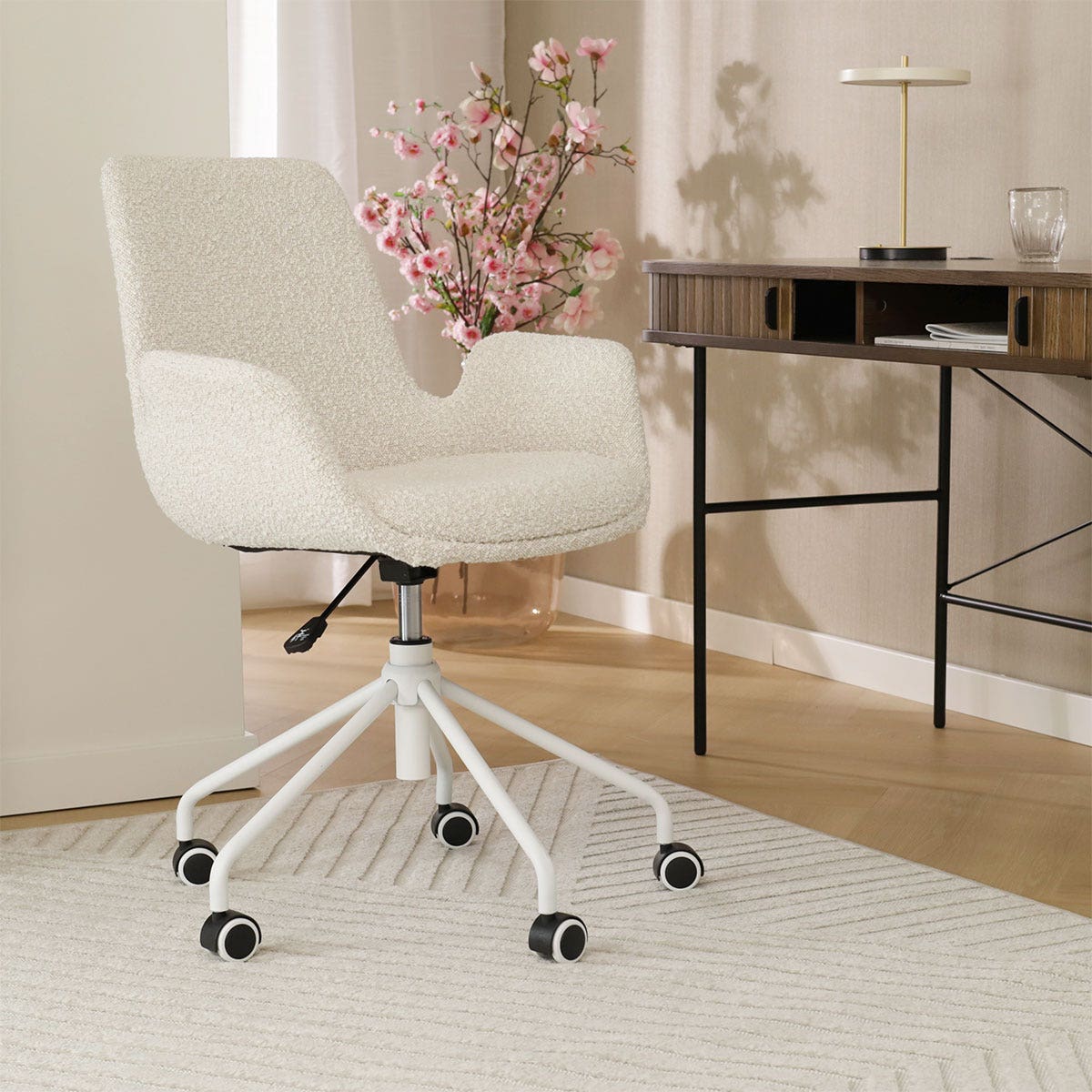 Nolon Nout-Eef Bureaustoelen Set van 2 - Bouclé Beige - Wit Onderstel