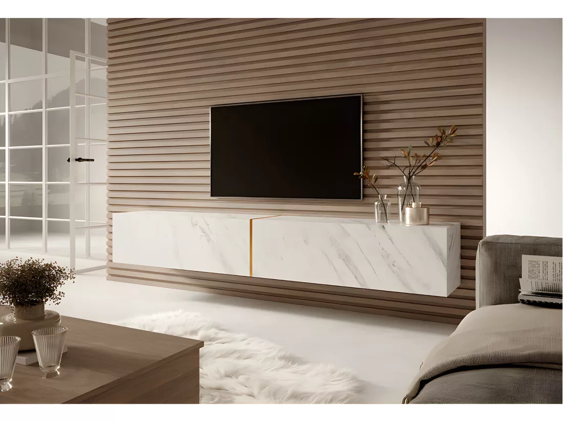 Meuble TV 200 cm - en marbre blanc avec insert doré - BISIRA