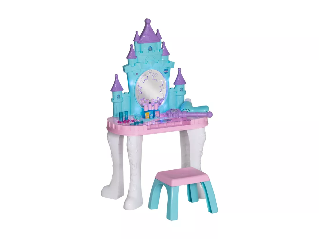 Ensemble coiffeuse tabouret enfant design château - nombreux accessoires - effets lumineux sonores - bleu blanc rose