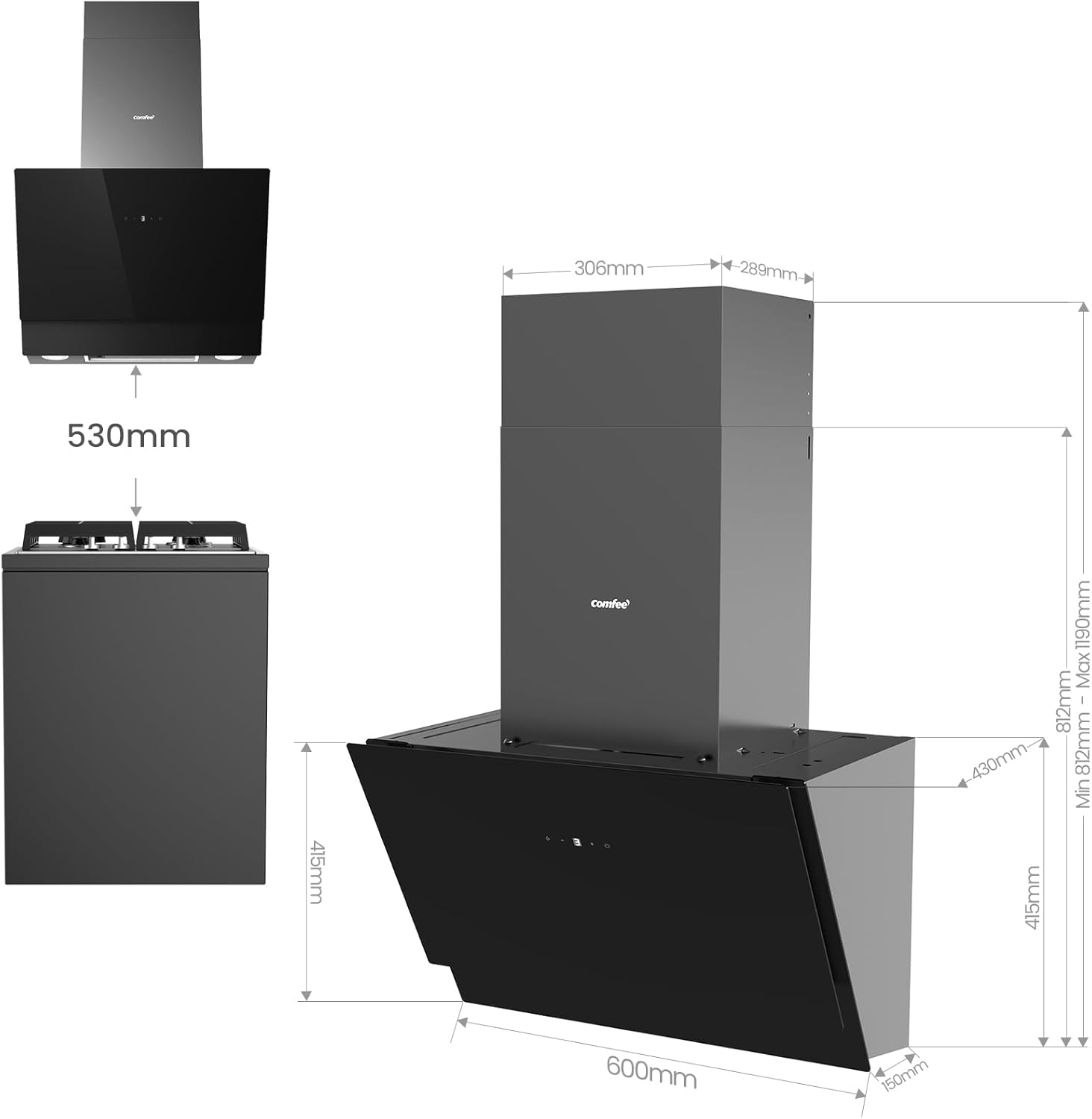 COMFEE' CH60J72ET6A3B A+++ Dunstabzugshaube 60 cm, 650m³/h Luftstrom, Kopffreihaube 60cm Umluft und Abluft, Touchscreen, Gestensteuerung, 4 Geschwindigkeiten, LED, Schwarz