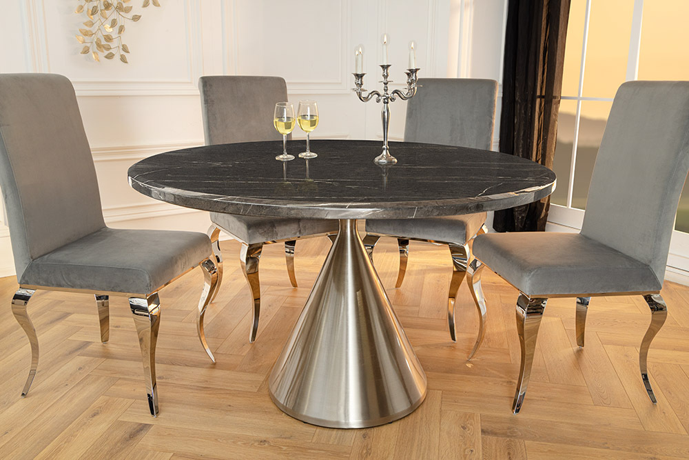 Runder Esstisch ELEGANCIA 130cm schwarz Marmor chrom Stahl mit Säulenfuß