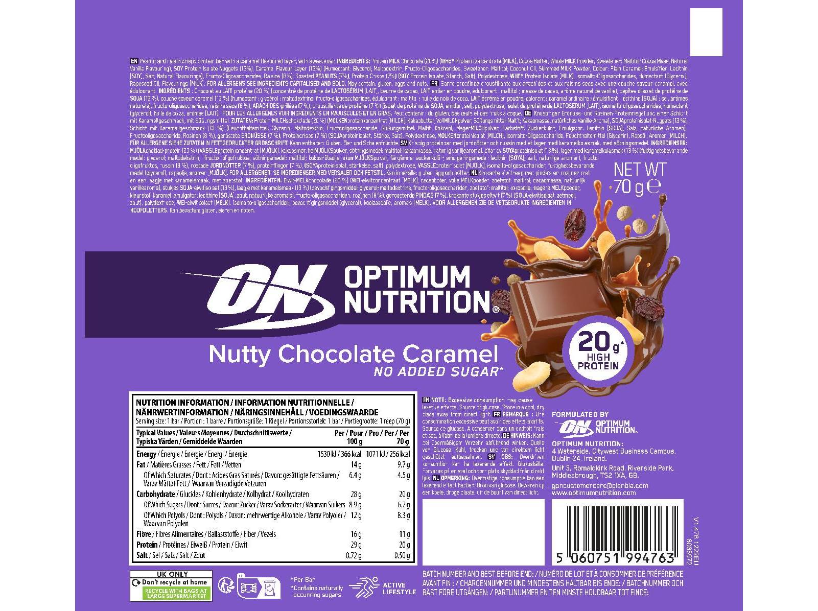 BARRA NUTTY OPTIM NUT CHOCOLATE CARAMELO 70G