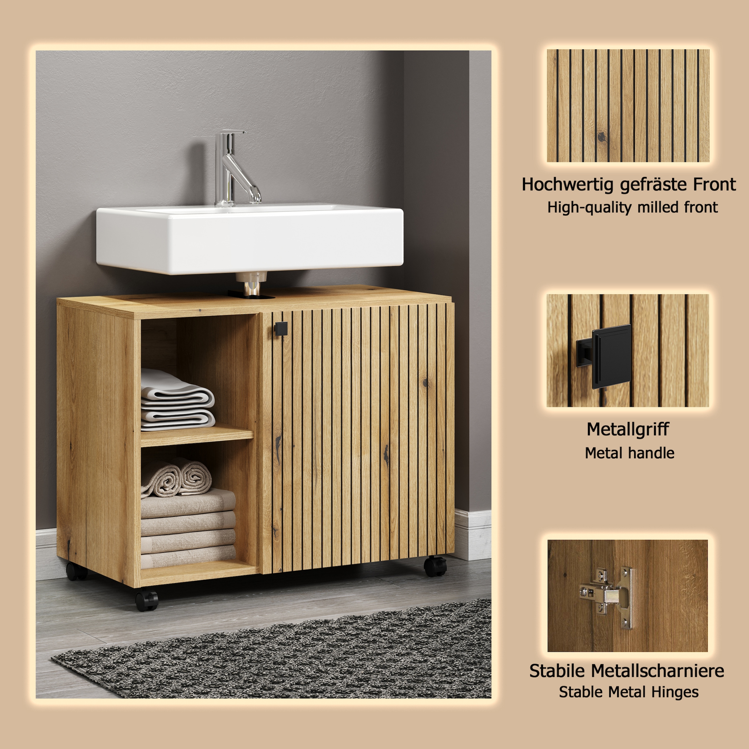 welltime Waschbeckenunterschrank »Amrum« 1 Stk. tlg. Waschtisch auf Rollen - (B/T/H) wahlweise 60-80/42/64 cm