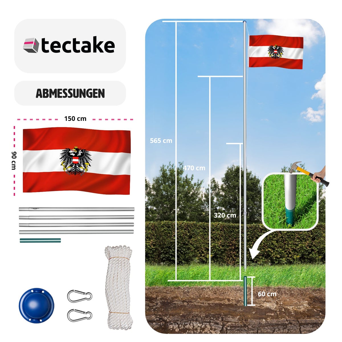 tectake aluminium vlaggenmast inclusief kabelkatrol en grondbus