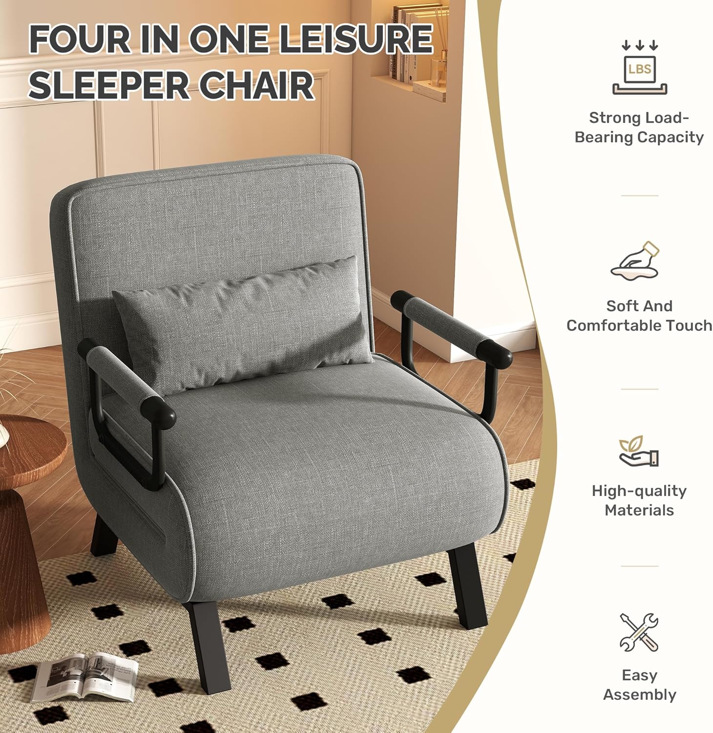HHawthyhome 4 in 1 Schlafsessel, Schlafsofa mit Bettfunktion, Platzsparendes Gästebett, Relaxsessel mit Verstellbare Rückenlehne, 150 kg Tragkraft, Metallrahmen & Leinen Dunkelgrau