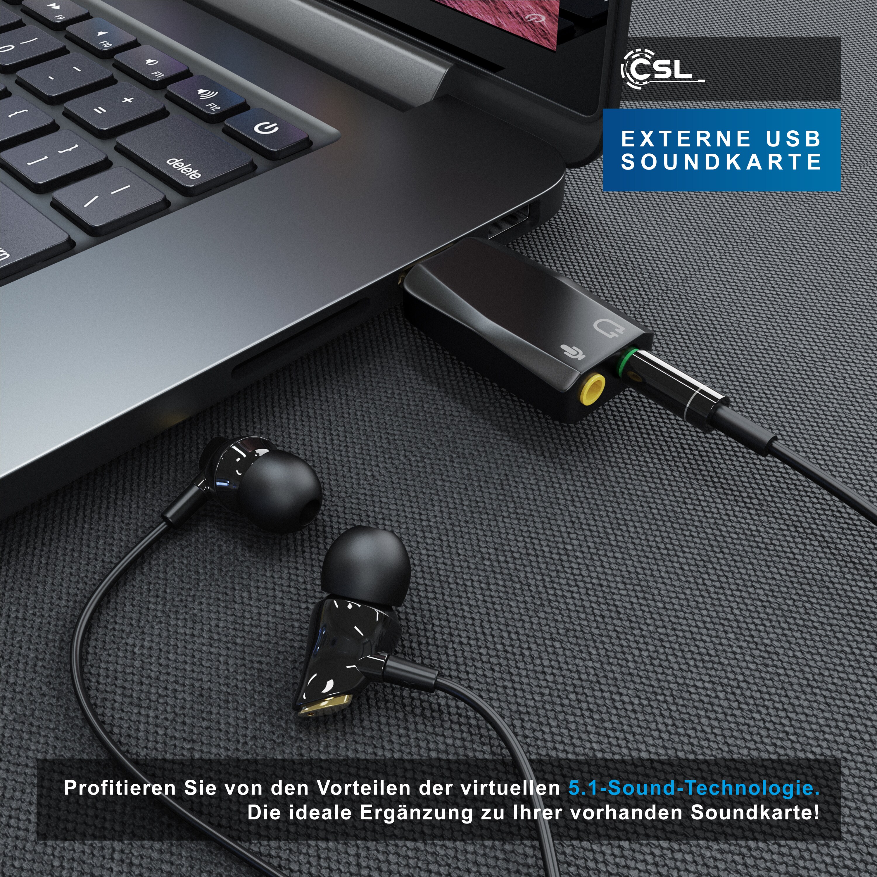CSL USB-Soundkarte 5.1 Kanäle, Extern, 5.1 Virtual Surround, Line-Out & Mikrofon-In Anschlüsse
