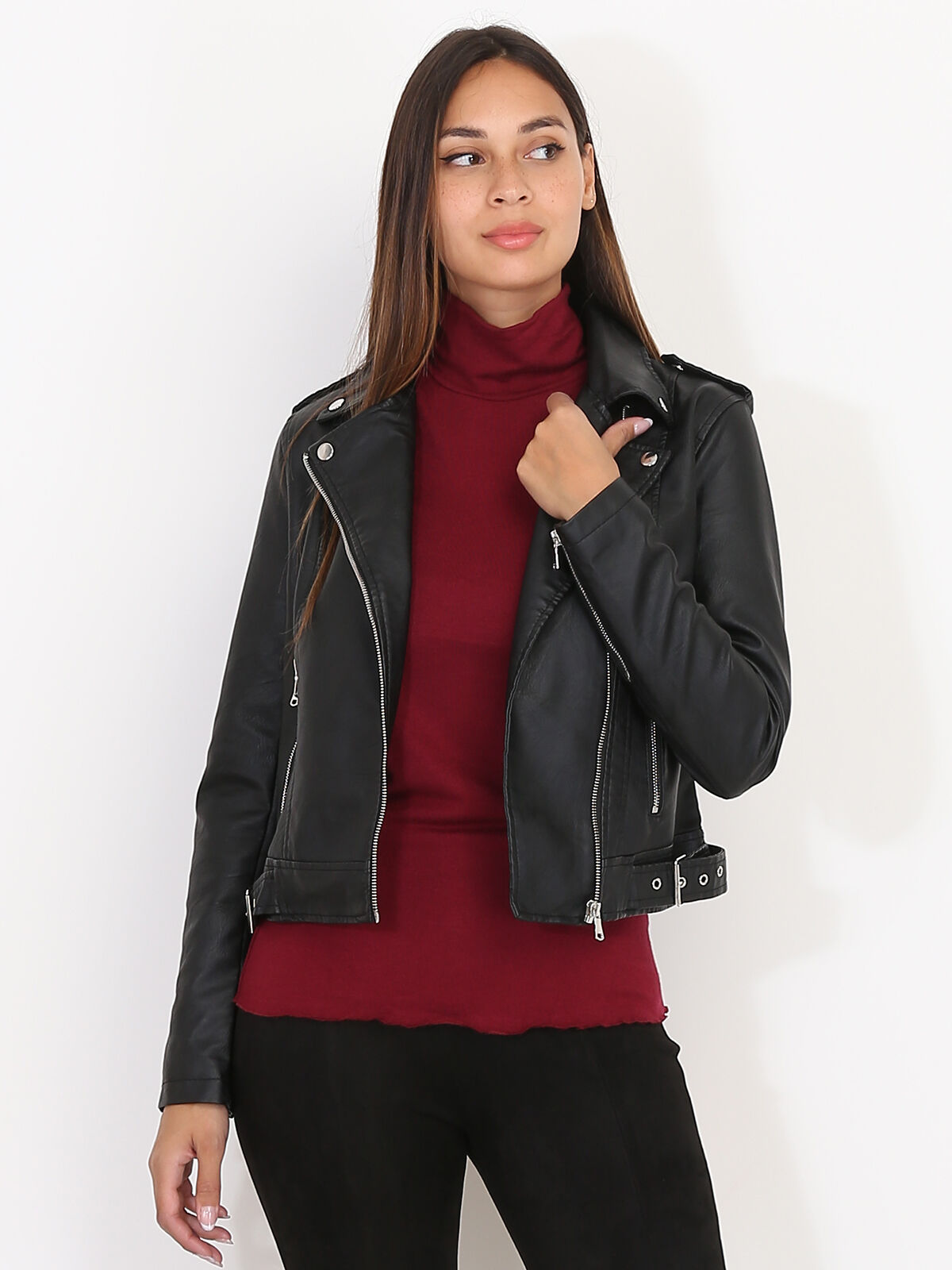 Veste motard en simili à zips- Noir