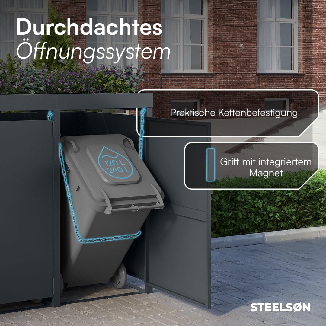 STEELSØN Thoria Mülltonnenbox 4er bis 240L mit Pflanzendach – Mülltonnenverkleidung aus Stahl für 4 Tonnen – Müllcontainer in Anthrazit – Müllbox mit Pflanzenkasten – Gerätebox 125x80x268 cm (HxTxB)