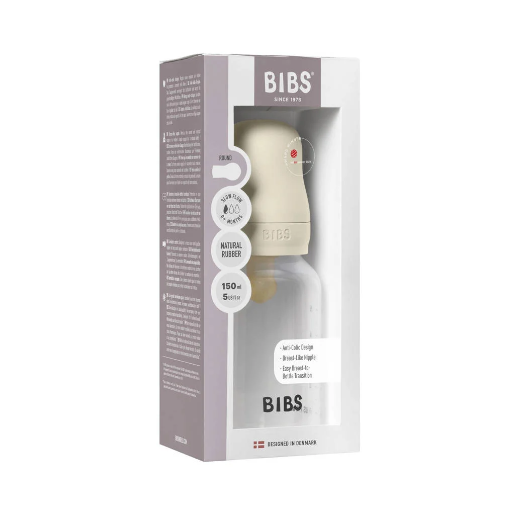 BIBS Babyfles 150 ml - Ivory - met latex speen en opvouwbare trechtertje